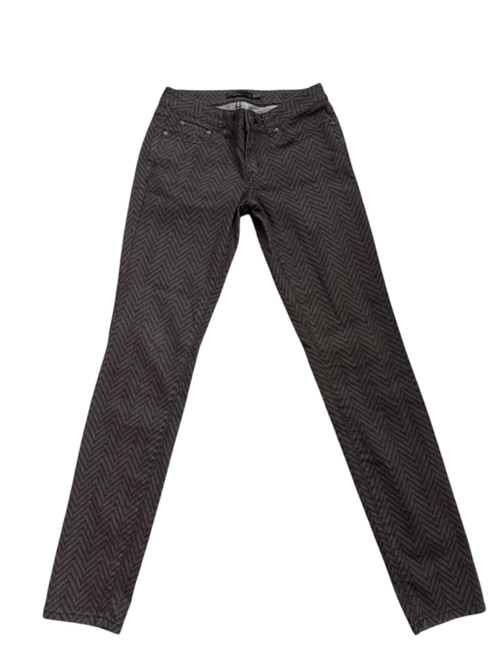 PrAna Kara Jeans Gray Denim Pants Black Chevron Pattern Skinny Leg Women’s Sz 2